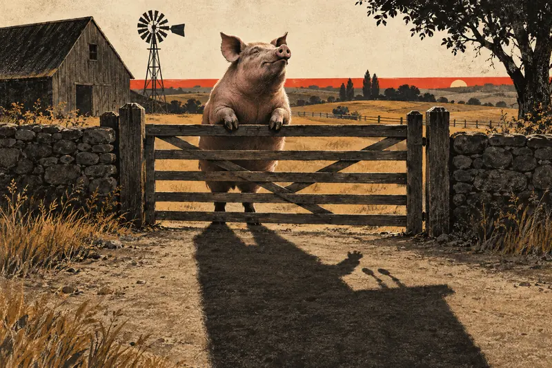 Illustration of a pig at a farm gate casting a long shadow.