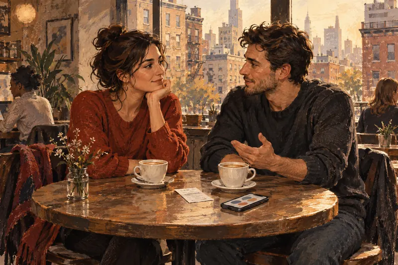 Illustration of two adults talking over coffee, with a receipt and phone on the cafe table.
