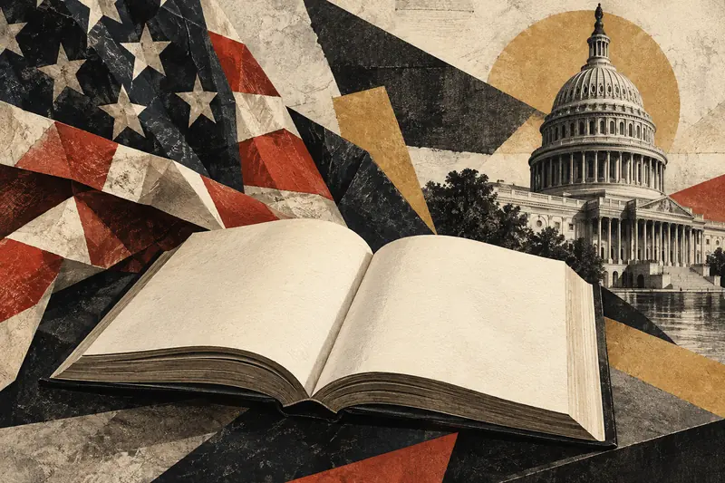 Illustration of an open book beside an American flag and the Capitol.