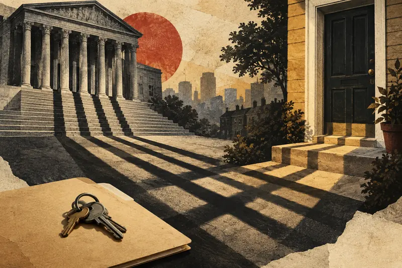 Illustration of prison-bar shadows linking a courthouse with a home.