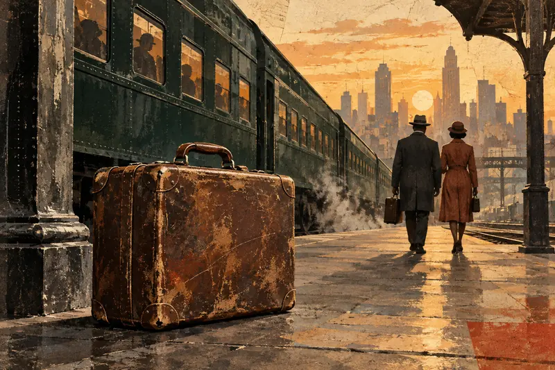 Illustration of a suitcase beside a train, with travelers heading toward a distant city.